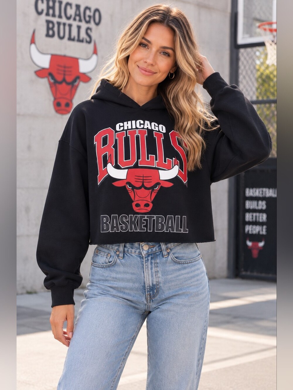 Chicago Bulls Hybrid Apparel Cropped Boxy Hoodie Black Size Small NBA Streetwear